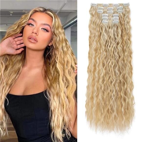 Clip In Hair Extensions, 6PCS Hair Extensions Blonde with Light Blonde